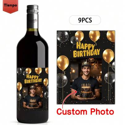 [Customized] 9pcs Waterproof Bottle Stickers, Custom Stickers For Birthday Gifts, Custom Wine Label, Suitable For Birthday Gifts, Birthday Party, Party Gifts And Supplies Back To School,Back To School,School Supplies