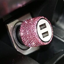 1个双USB车载充电器，手工闪亮水晶钻石汽车装饰，5V快充适配器，兼容安卓/智能手机