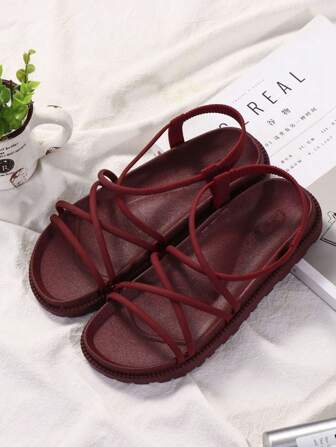 1雙時尚繫帶女式休閒平底涼鞋，防滑羅馬暗紅色拖鞋