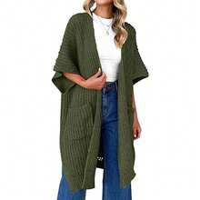 Women's Short Sleeve Open Front Cardigan Sweaters Oversized Lightweight Knit Kimono Cardigans With Pockets - xanh quân đội - Xem 4