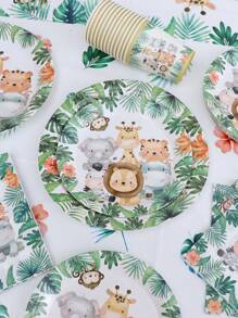 106/61pcs Jungle Animal Theme Tableware Set Palm Leaves Print Paper Plates Cups Straws Tablecloth Napkins Birthday Table Decoration Wild One Forest Safari Birthday Party Supplies