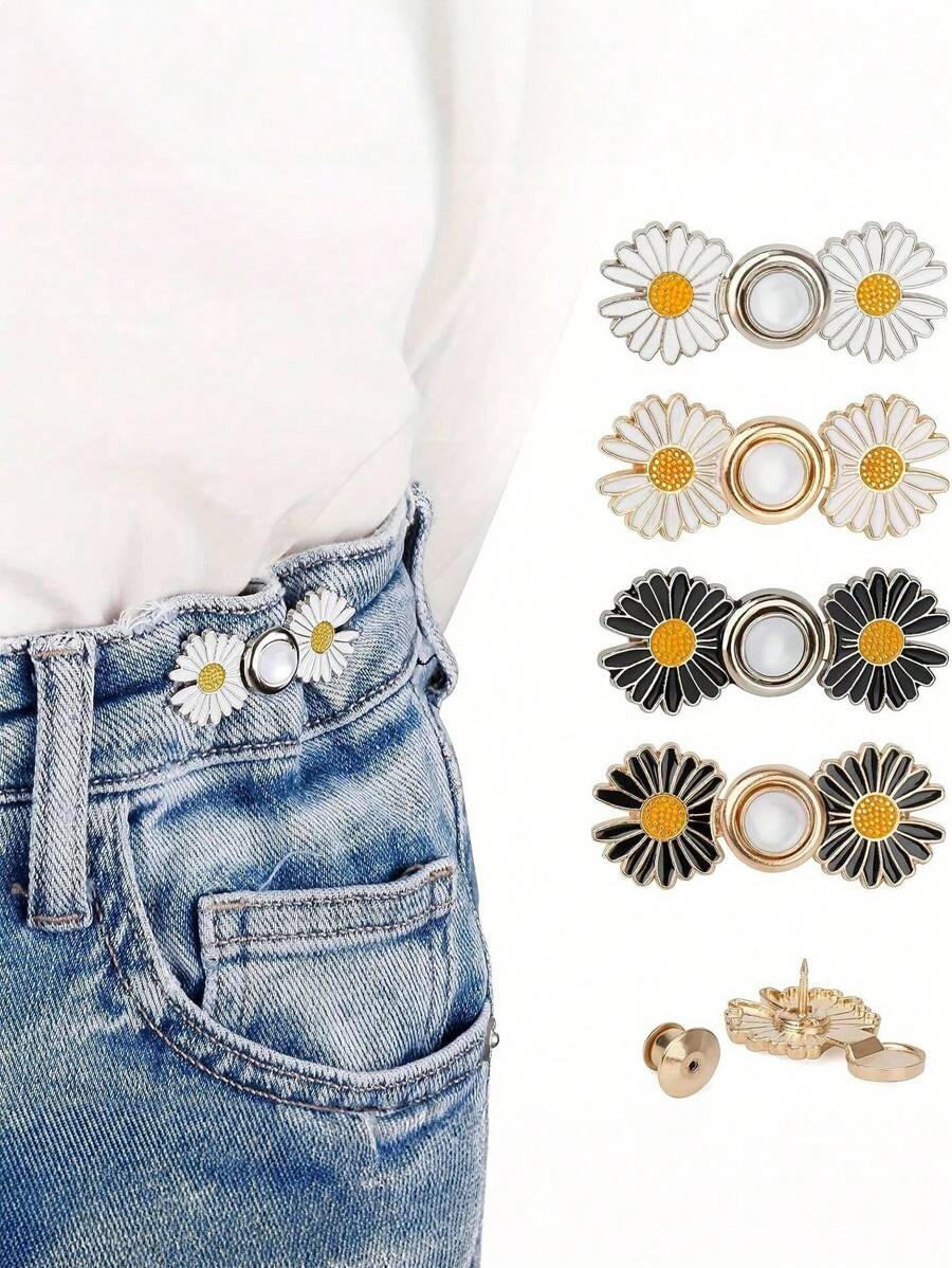 4套/1套裤子腰部紧固件可拆卸牛仔裤纽扣宽松牛仔裤无需缝纫无需工具纽扣别针牛仔裤可调节牛仔裤纽扣别针雏菊花即时裤子纽扣紧固件 - 彩色 - 查看 1