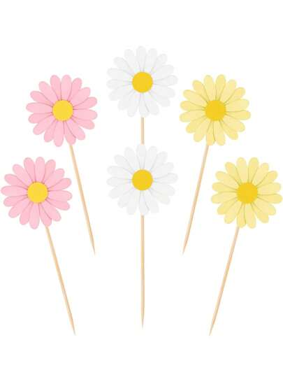 6/12 件雏菊纸杯蛋糕装饰，粉色花朵蛋糕装饰，雏菊蛋糕装饰牙签菊花纸杯蛋糕装饰，春天雏菊花，返校情人节