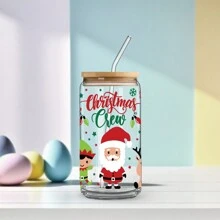 聖誕樹和聖誕老人圖案16oz玻璃杯，配有蓋子和吸管，適用於茶、果汁、冰咖啡，是適合孩子的假日禮物 | 1pc - 聖誕節 - 查看 4