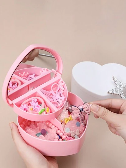 1 件双层心形珠宝收纳盒带镜子，女孩化妆品收纳盒礼品盒，DIY 配件包装盒情人节