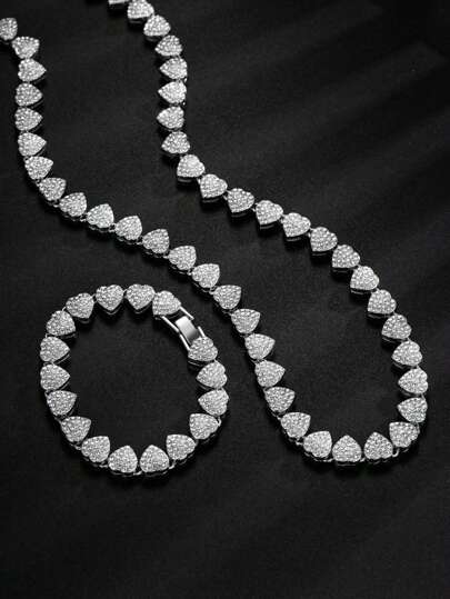 1 件嘻哈心形迈阿密项链和手链套装 - 全镶嵌，非常适合日常佩戴、节日、情人节、朋友和情侣情人节、妈妈、母亲、母亲节、礼物