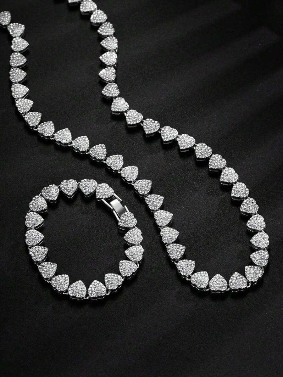 1 件嘻哈心形迈阿密项链和手链套装 - 全镶嵌，非常适合日常佩戴、节日、情人节、朋友和情侣情人节、妈妈、母亲、母亲节、礼物