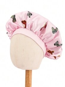 Awegeo 1pc Children's Bonnet Hat With Butterfly Print, Wide Brim, Elastic, Smooth & Silky Texture, Fashionable Sleep Cap, Casual, Comfortable, Soft, Breathable, Hair Protecting Cap