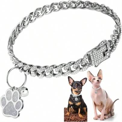 IISVGE 1PC Valentine's Day Pet Collar Necklace, Sparkling Diamond, Stainless Steel Cat & Dog Accessories - Adjustable Claw-Shaped Pendant Lock, Safety-Designed Pet Supplies, Christmas & Birthday Gifts, Suitable For Small Dogs, Cats, Puppies, And Kittens, Diamond-Studded Shimmering Collar Accessories, Eye-Catching Pet Fashion Design, Hip-Hop Style Gold Dog Necklace, Chunky Gold Chain Cat Collar, Diamond-Studded Fashionable Pet Collar Jewelry
