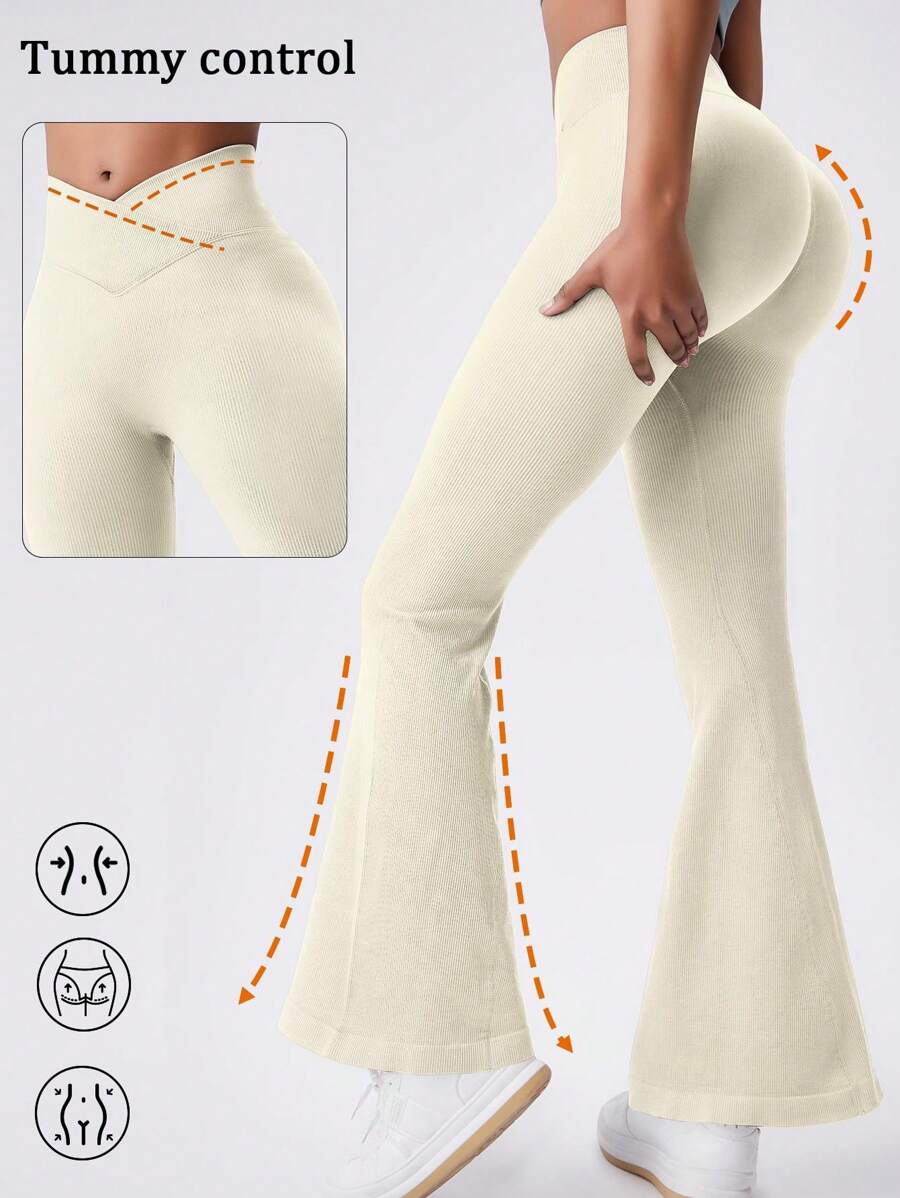 1pc Women Ribbed Ruched Butt Lifting Flared Yoga Pants, High Waist V-Cut Gym Leggings