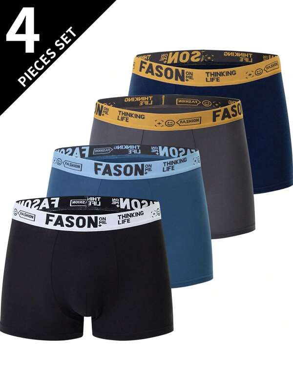 4 pièces Sous-vêtements pour hommes de couleur unie, short boxeur pour jeunes, fonds respirants et confortables