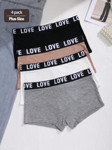 4 peças de Shorts Esportivos e Casuais Tamanho Plus Feminino com Corte Quadrado e Cós com Inscrição