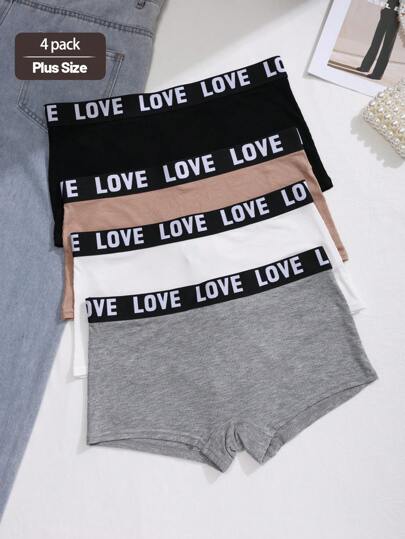 4pcs Women's Plus Size Letter Printed Waistband Square Cut Sports & Casual Shorts