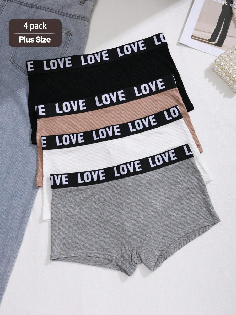 4 peças de Shorts Esportivos e Casuais Tamanho Plus Feminino com Corte Quadrado e Cós com Inscrição