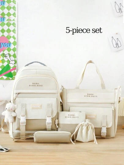 5-delars set med ryggsäckar för skolstart, klassiskt och enkelt ryggsäcksset, stor kapacitet, inkluderar ryggsäck, handväska, axelväska, pennfodral och myntväska, med laptopfack. Avslappnad och trendig multifunktionell ryggsäck, kontrasterande färg i högkvalitativt kanvasmaterial, justerbara axelremmar och rymlig design med flera fickor.