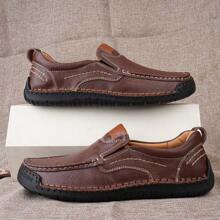 New Hand-Stitched Men's Outdoor Casual Shoe Slip-On Flat Leather Shoe Spring Low-Cut Breathable Plus Size Loafers