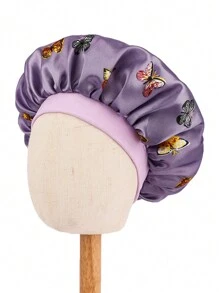 Awegeo 1pc Children's Bonnet Hat With Butterfly Print, Wide Brim, Elastic, Smooth & Silky Texture, Fashionable Sleep Cap, Casual, Comfortable, Soft, Breathable, Hair Protecting Cap