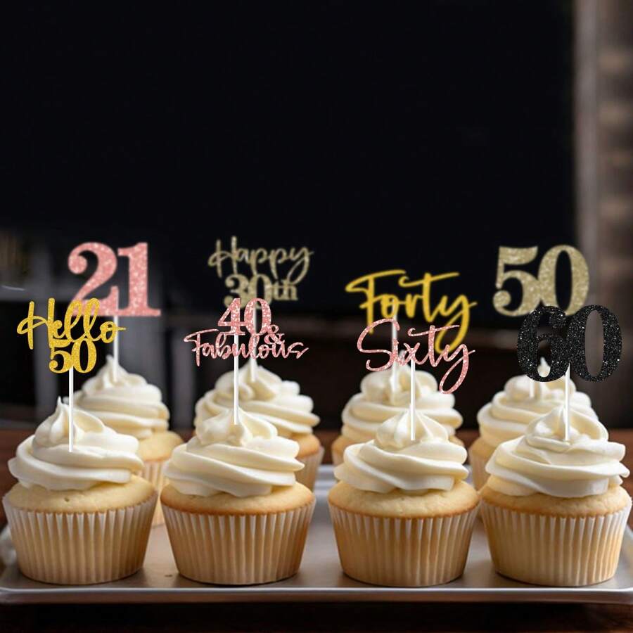 12 件 21、30、40、50、60 岁生日派对蛋糕装饰，黑色、金色、香槟色、玫瑰金蛋糕装饰，纸杯蛋糕签 - 彩色 - 查看 1