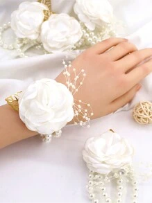 6 قطع/1 قطعة وردة زهرية مزيفة لمعصم العروس والوصيفات، ديكورات حفل الزفاف، اكسسوارات عيد الحب - أبيض - مشاهدة 3