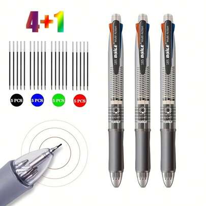 6 قطع مجموعة أقلام حبر جاف ملونة 5 في 1 مع 4 استبدال ألوان قلم حبر واحد رصاص تلقائي محمول و ممحاة علوية (1 قلم + 4 أنوية + 1 قلم رصاص)