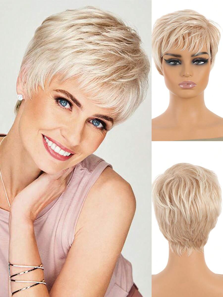 Women's Short Hair Platinum Blonde Synthetic Wig Ombre Fluffy Cut Wig, Natural Daily Hair Color