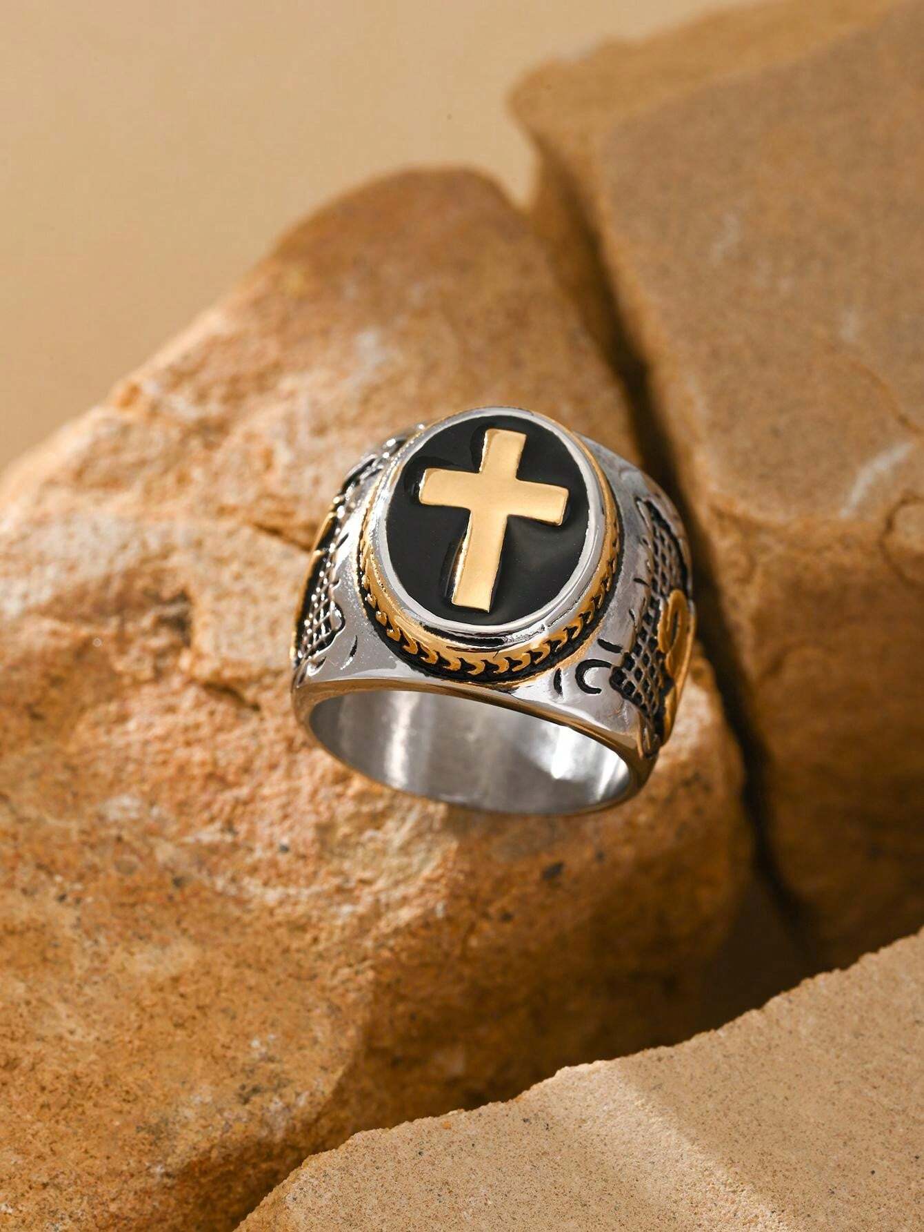 1pc Stainless Steel 18K Gold Plated Retro Gothic Cross Pattern Ring Men
