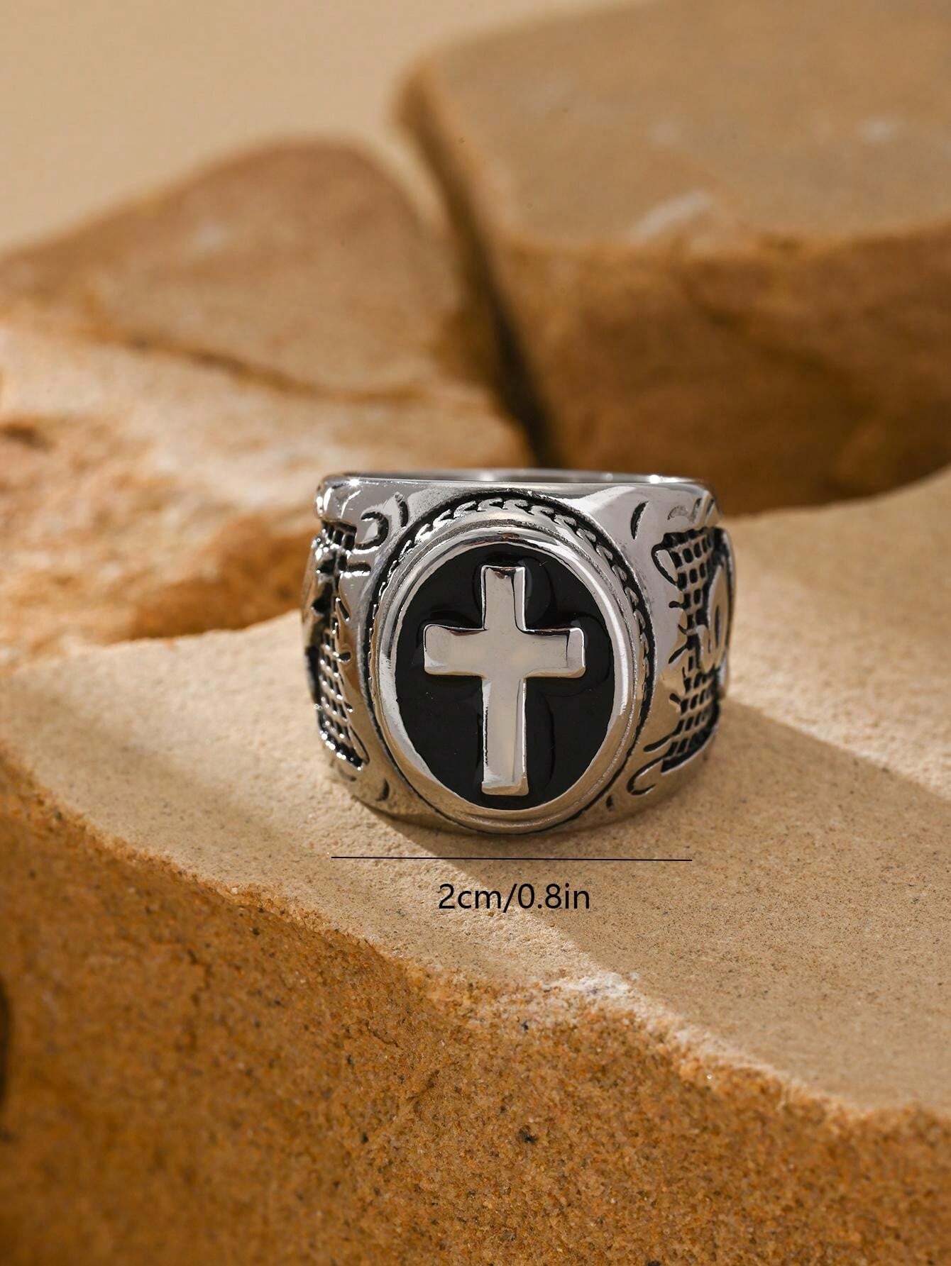 1pc Stainless Steel 18K Gold Plated Retro Gothic Cross Pattern Ring Men