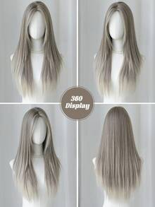 AKAKO 时尚灰色小蕾丝前部假发，女士渐变白长直分层假发，预拔发际线 2*0.5 U 部分柔软合成发自然外观，适合初学者，适合女孩日常使用，28 英寸（1 个假发帽） - 漸變灰色 - 查看 7