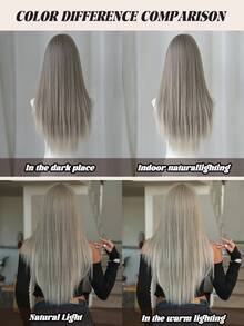 AKAKO 时尚灰色小蕾丝前部假发，女士渐变白长直分层假发，预拔发际线 2*0.5 U 部分柔软合成发自然外观，适合初学者，适合女孩日常使用，28 英寸（1 个假发帽） - 漸變灰色 - 查看 9