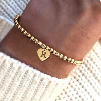 1pc Stainless Steel Heart Initial Bracelets Women Gold Color Beaded Bracelet For Women Valentines