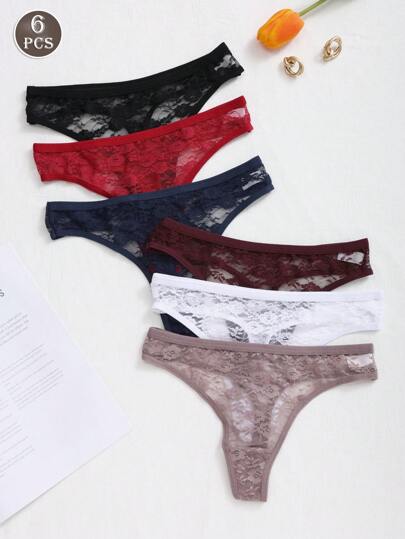 6 peças Tanga de Renda de Cintura Baixa Sexy Multicolorida para Mulheres com Bordas Florais
