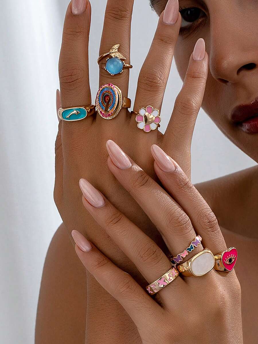 Bộ 8 chiếc/bộ Y2K Vỏ sò nhiều màu sắc, Bướm, Trái tim, Hoa, Nhẫn cá heo, Họa tiết ngẫu nhiên, Thiết yếu cho các cô gái ngọt ngào và sành điệu Ngày lễ tình nhân, Mẹ, Mẹ, Ngày của Mẹ, Quà tặng - Đầy màu sắc - Xem 1