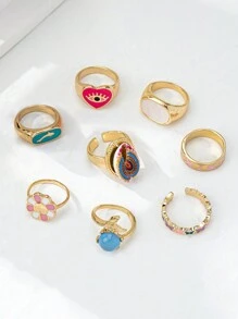 Bộ 8 chiếc/bộ Y2K Vỏ sò nhiều màu sắc, Bướm, Trái tim, Hoa, Nhẫn cá heo, Họa tiết ngẫu nhiên, Thiết yếu cho các cô gái ngọt ngào và sành điệu Ngày lễ tình nhân, Mẹ, Mẹ, Ngày của Mẹ, Quà tặng - Đầy màu sắc - Xem 4
