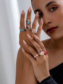 Bộ 8 chiếc/bộ Y2K Vỏ sò nhiều màu sắc, Bướm, Trái tim, Hoa, Nhẫn cá heo, Họa tiết ngẫu nhiên, Thiết yếu cho các cô gái ngọt ngào và sành điệu Ngày lễ tình nhân, Mẹ, Mẹ, Ngày của Mẹ, Quà tặng - Đầy màu sắc - Xem 3