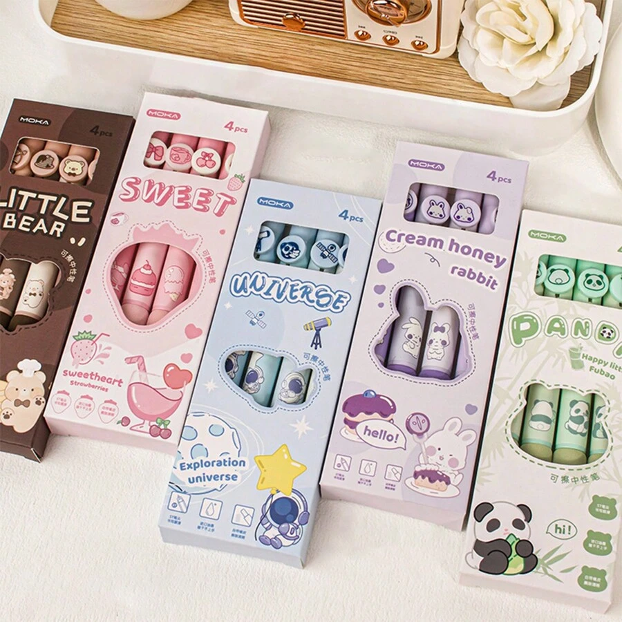 4 Pcs The Highly Attractive Cartoon Pattern Can Be Erased And Pressed With A Gel Pen, And Students Use The Pen - Multicolor - View 1