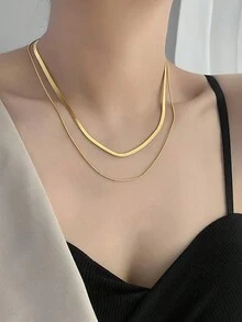 1入不銹鋼歐美INS時尚復古雙層蛇骨疊短款金色鈦鋼項鍊，女士鎖骨鏈 - 雙層刀片圓蛇項鍊 - 查看 5