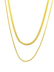 1入不銹鋼歐美INS時尚復古雙層蛇骨疊短款金色鈦鋼項鍊，女士鎖骨鏈 - 雙層刀片圓蛇項鍊 - 查看 3