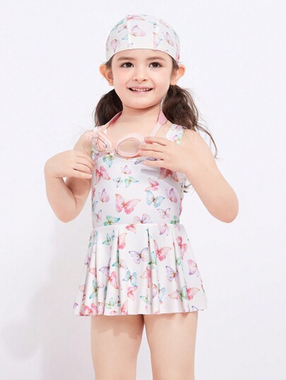 Balabala Girls Summer Cute Butterfly Print Suspender Skirt One-Piece Swimsuit With Swimming Cap