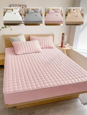 1pc Quilted Bedsheet, Bedding, Fitted Sheet, Mattress Cover, Bed Cover, Soft & Comfortable Bedroom Bedding, Bedroom Bedspread, Skin-Friendly Bedsheet, Full Coverage, Solid Color Mattress Protector, Arched Grid Design, Suitable For Twin, Full, Queen, King Beds, Machine Washable, Ideal For Easter, Independence Day, Holiday Gifts