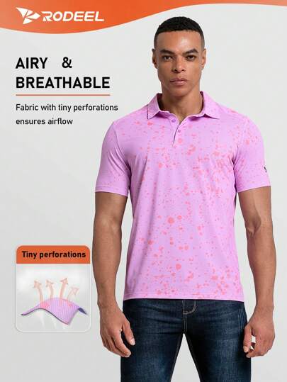 RODEEL 男士全图案印花短袖翻领微弹力常规夏季运动上衣速干防晒吸湿排汗 Polo 衫
