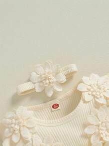 2Pcs Baby Girls Set 3D Flower Bow Long Sleeve Mesh Dress Bodysuit Headband Adorable Ribbed Outfits Sets - Apricot - View 7