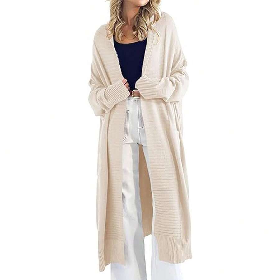 Womens Oversized Long Cardigan Sweaters Open Front Chunky Knit Slouchy Fall Long Sleeve Coats With Pockets - Beige - View 1