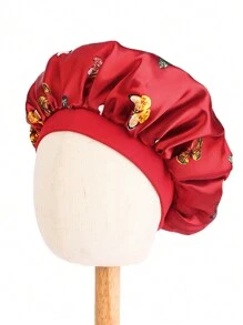 Awegeo 1pc Children's Bonnet Hat With Butterfly Print, Wide Brim, Elastic, Smooth & Silky Texture, Fashionable Sleep Cap, Casual, Comfortable, Soft, Breathable, Hair Protecting Cap