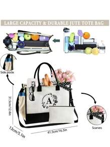 Túi vải canvas in họa tiết vòng hoa và chữ cái, túi xách tay tối giản bằng vải lanh, túi mua sắm tái sử dụng, túi đựng mỹ phẩm, túi quà tặng ngày lễ, thích hợp cho kỳ nghỉ, du lịch (mẫu ghép đen trắng), vật dụng cần thiết cho mùa hè, thích hợp cho kỳ nghỉ, sử dụng hàng ngày, sinh nhật, lễ hội, tựu trường, bãi biển, du lịch, đi làm, công tác, sinh viên, dã ngoại, cắm trại, mua sắm siêu thị, đựng đồ hàng ngày (kèm ruy băng và dây đeo vai) - Đen và trắng - Xem 4