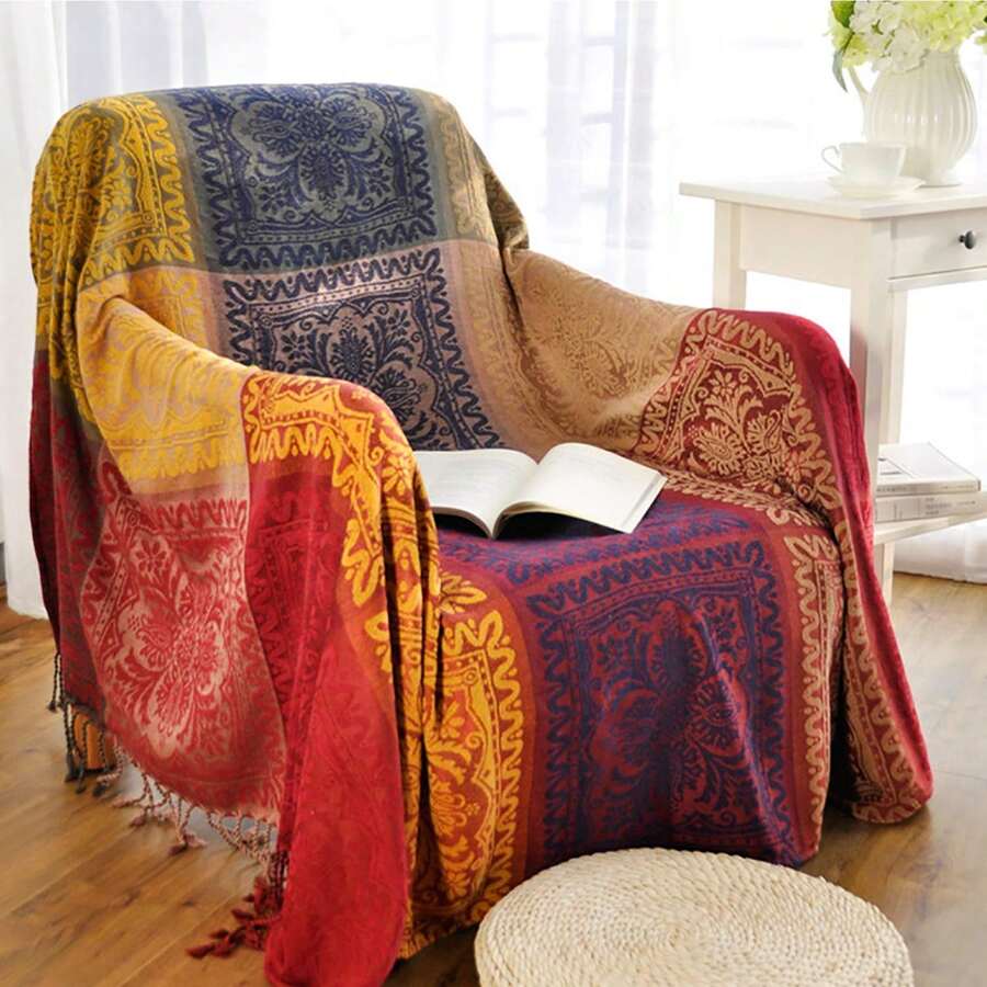 Boho Throw Blanket, Chenille Jacquard Tassels Throw Blankets For Bed Couch Soft Chair, Bohemian Fringe Tassels (Red, S:60x75 - Đỏ - Xem 1