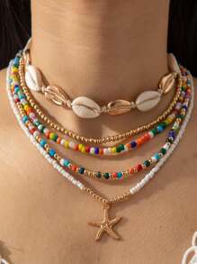 A New Set Of Fashionable Bohemian Holiday Wind Shell Beaded Woven Necklace, Bracelet, Anklet, Beach Style Starfish Pendant Polymer Clay Rice Bead Combination Jewelry, Suitable For Women's Daily Wear