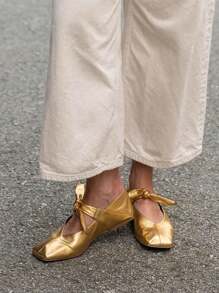 女士正方形頭芭蕾平底鞋，蝴蝶結繫帶簡約馬鞋，休閒舒適輕便裝 - 金色 - 查看 2