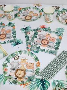 106/61pcs Jungle Animal Theme Tableware Set Palm Leaves Print Paper Plates Cups Straws Tablecloth Napkins Birthday Table Decoration Wild One Forest Safari Birthday Party Supplies