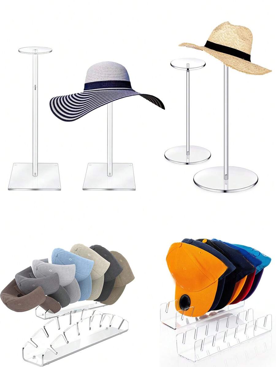 Acrylic Hat Stand And Wig Display Rack,Clear Hat Stands For Display, Adjustable Height Hat Holder, Square Barbell Base Display, Hat Rack Stand For Display Jewelry Watch Helmets  Baseball Cap Stand (Transparent)  Decorations   Autumn Decor Festival Decor Room Decor Home Decor Fall Decor Bedroom Decor