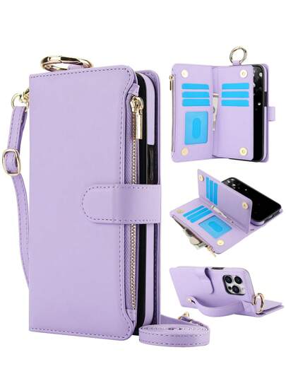 AWQUER Crossbody Phone Case Compatible With IPhone 16E 16 15 14 Plus 13 12 Mini 11 Pro Max 8 7 Plus SE 2020 2022 With Ring Holder,PU Leather Zipper Wallet Case Compatible With Galaxy S25 S24 S23 S22 S21 FE Plus Note 20 Ultra A16 A55 A15 A54 A14 A73 A53 A13 A72 A52 A71 A51 4G Z Fold 6 5 4 3 5G Card Slot Wrist Design Phone Bag Stand Cover Waterproof Shockproof Anti-Fall Scratch Resistant